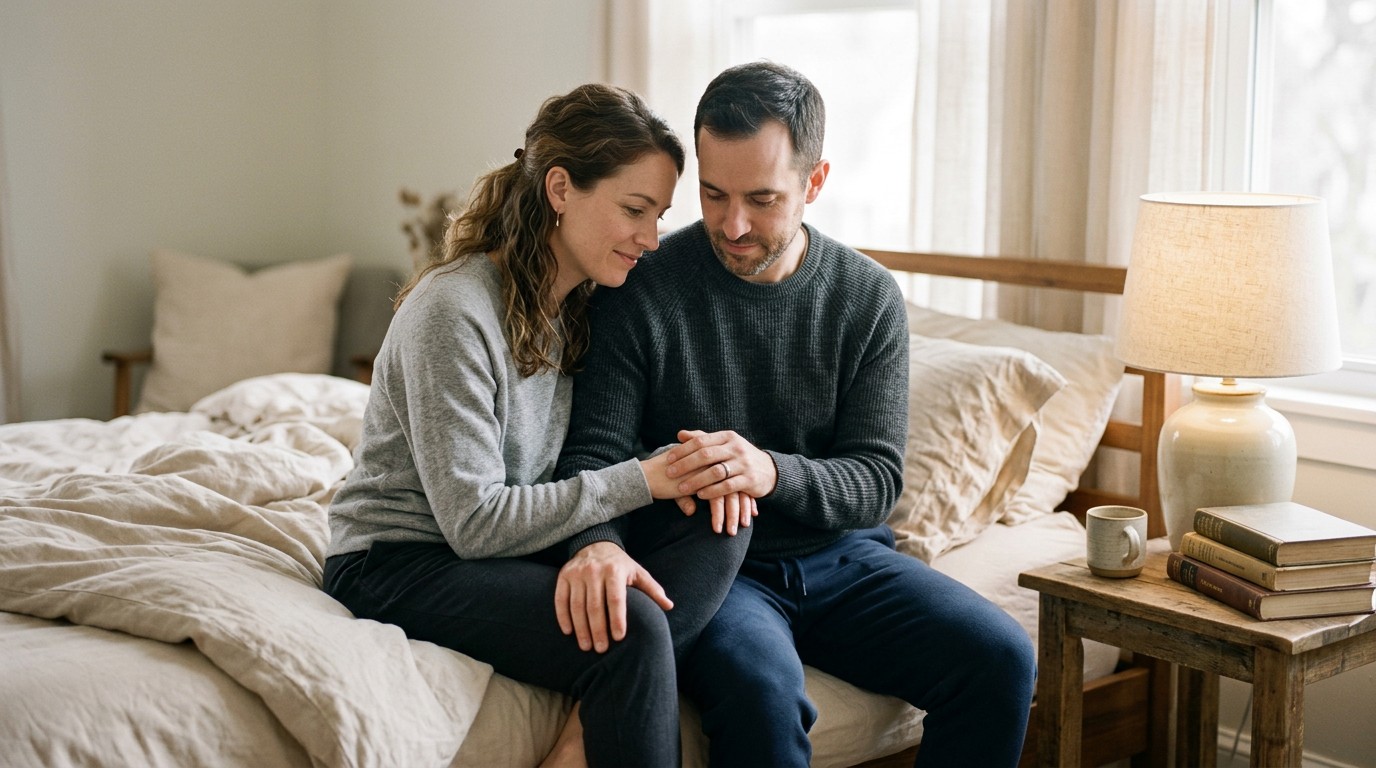 Partner holding a woman's hand on the bed as they talk through headache and implantation worries.