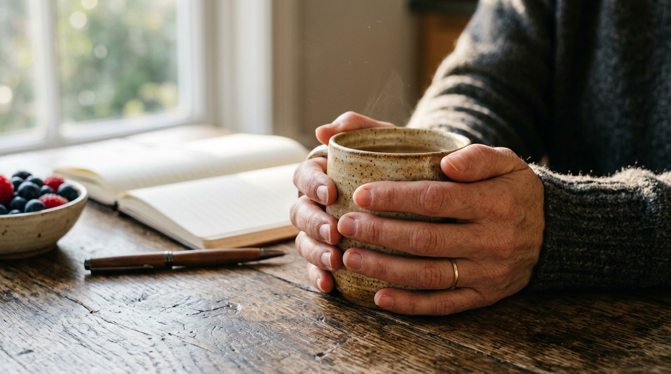 A woman holds a warm mug at her kitchen table while researching blastocyst treatment options.