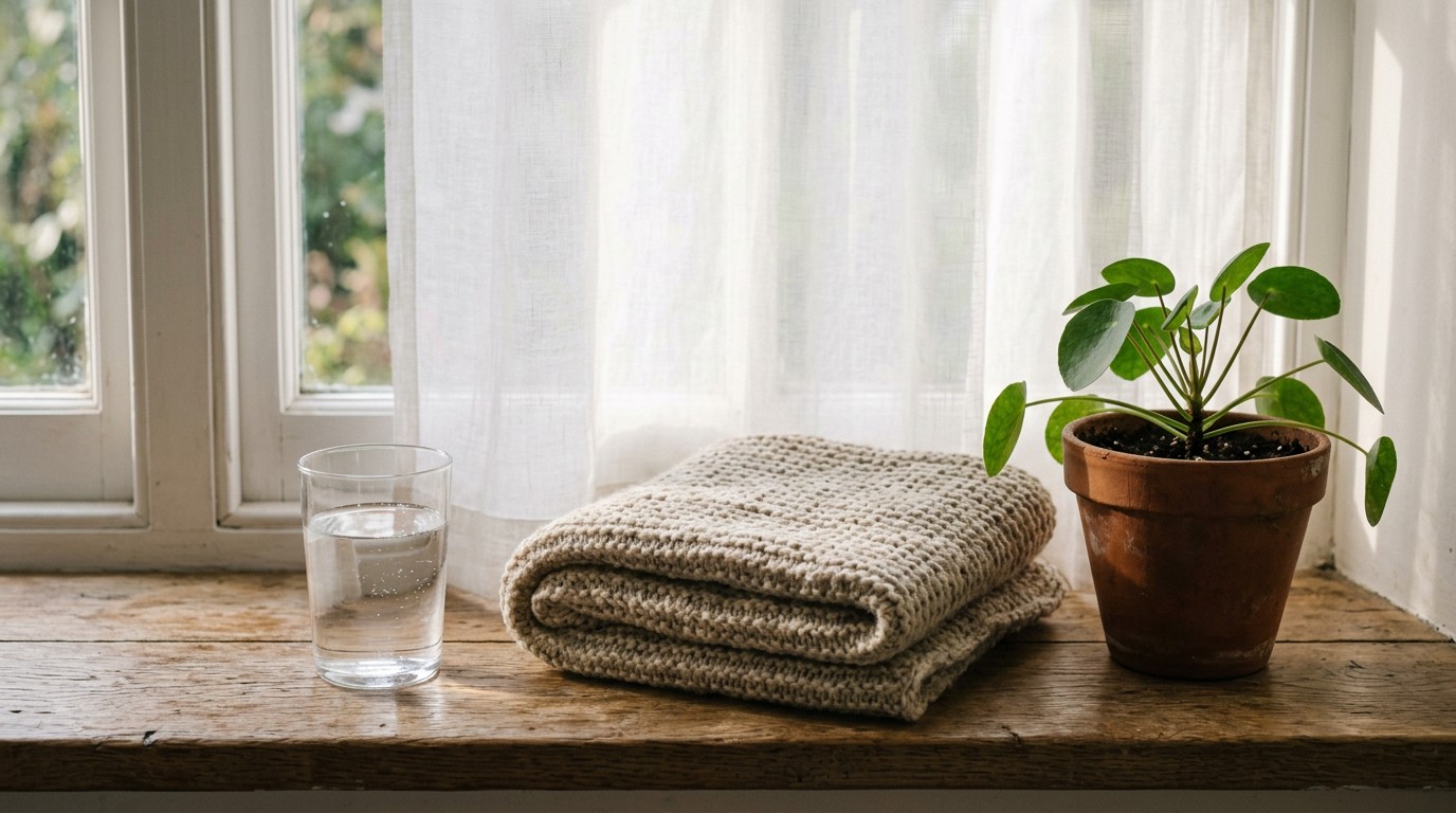 A glass of water and a folded blanket on a bedroom window sill, sore throat implantation pregnancy wait.