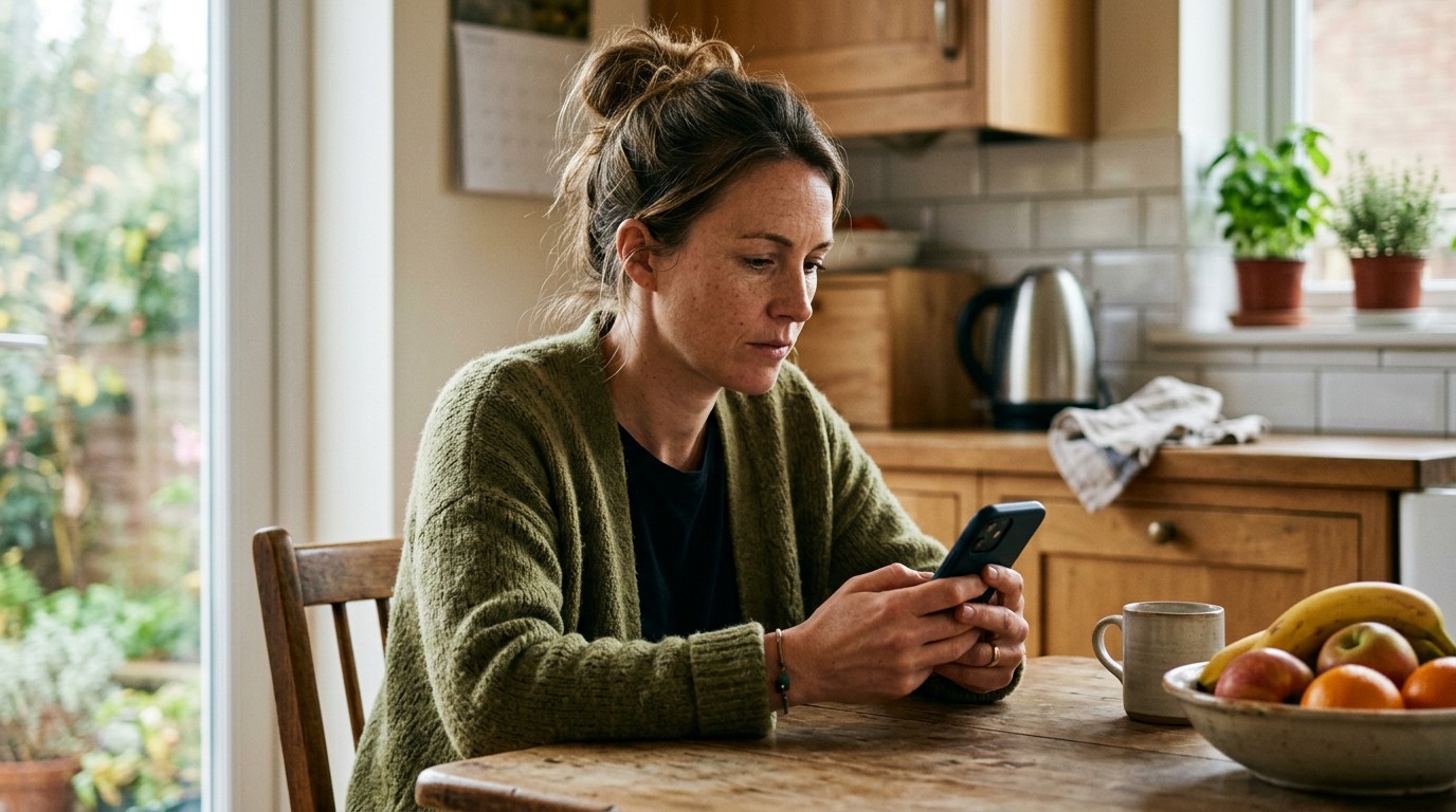 A woman at a kitchen table checks her phone before ringing the clinic about bloating and implantation worries