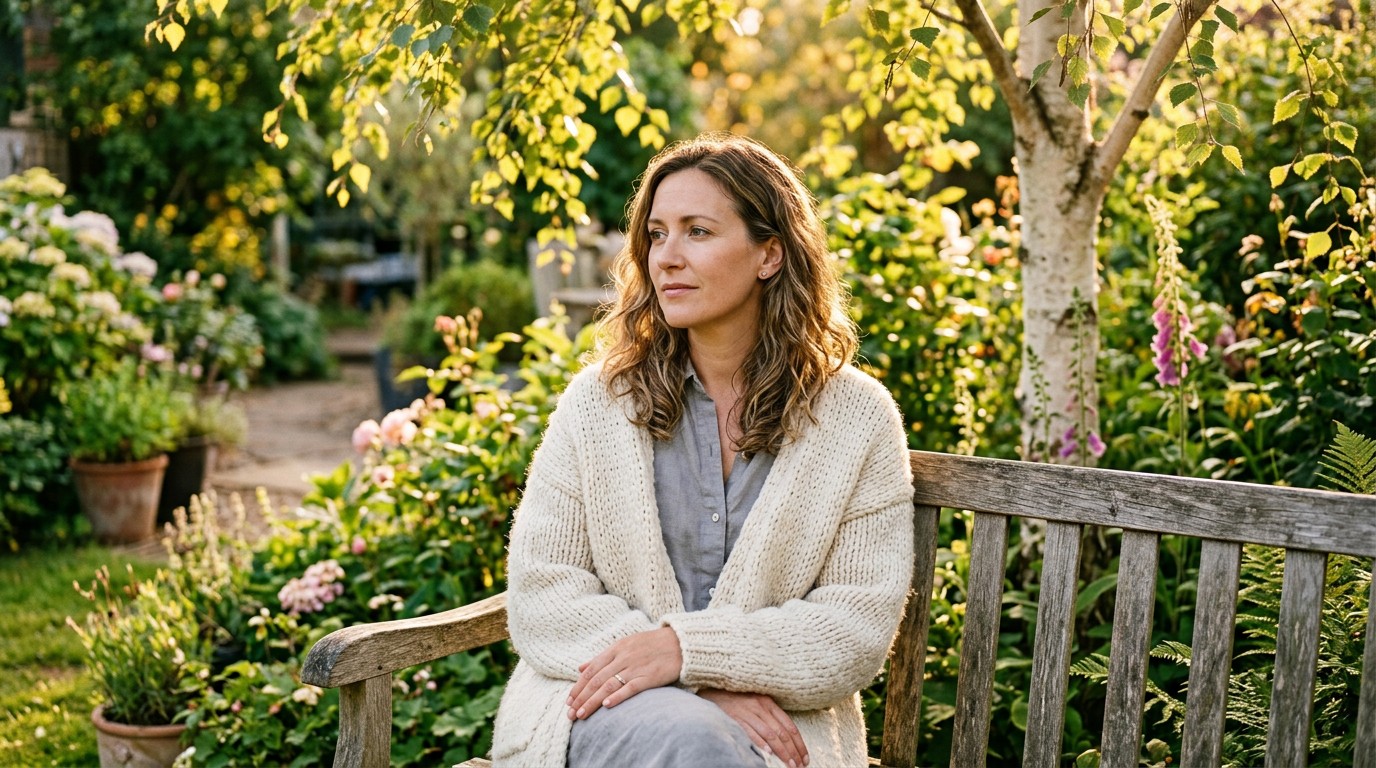 A thoughtful woman sits in a sunny garden contemplating her blastocyst treatment path.