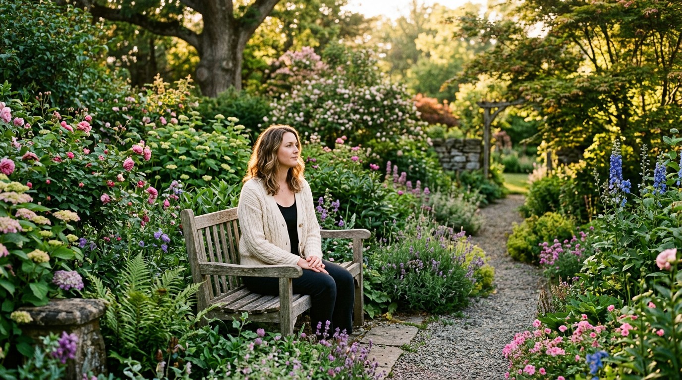 A woman sits thoughtfully in a lush garden while learning about blastocyst stages.