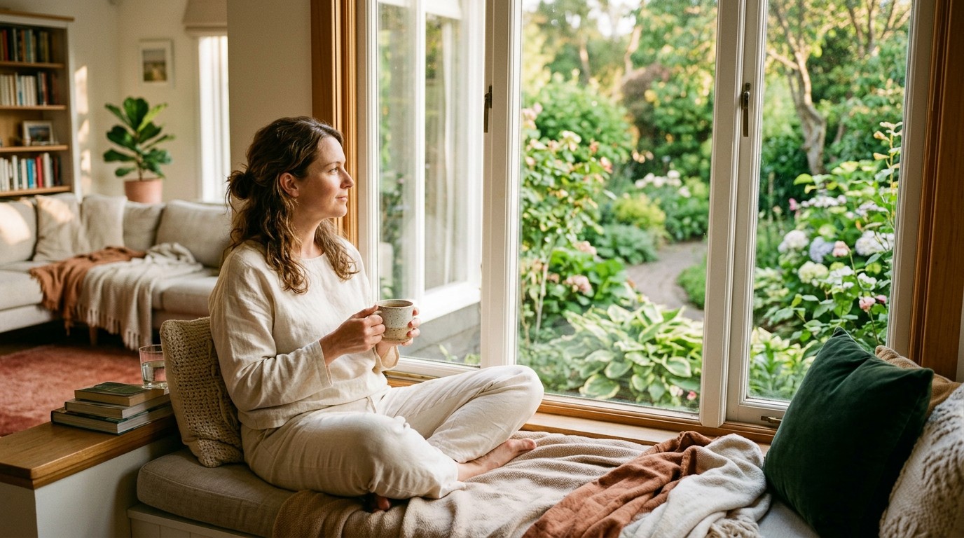 A woman rests by a window while navigating the two week wait after a medicated fet.