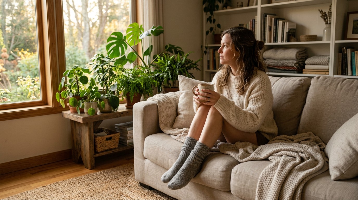 A woman sitting on a sofa holding a warm mug during her sore throat implantation pregnancy search.