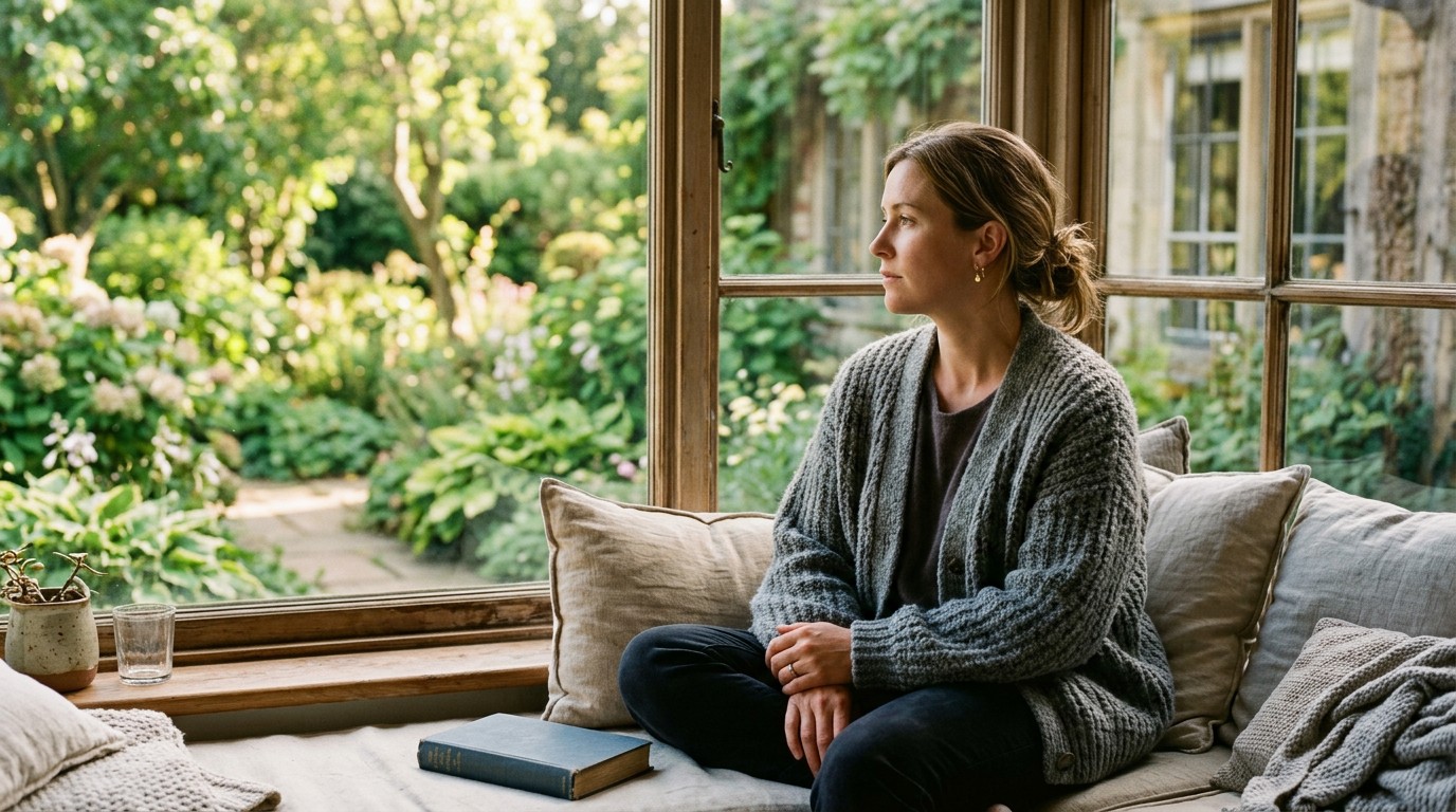 A woman sitting by a garden window during the wait after a mosaic embryo ivf transfer.
